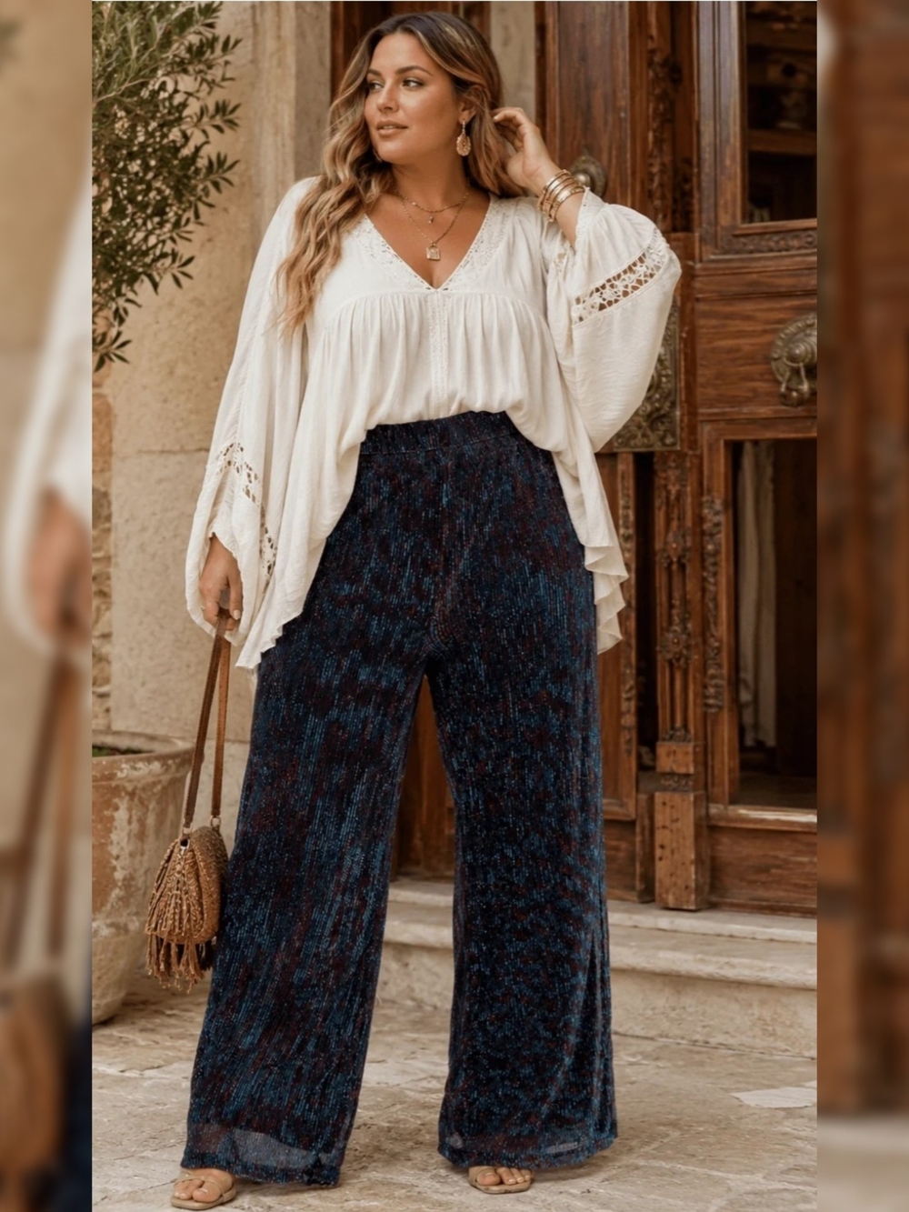 Curvy High Rise Wide-leg Relaxed Fit Plus Size Shimmer Pants